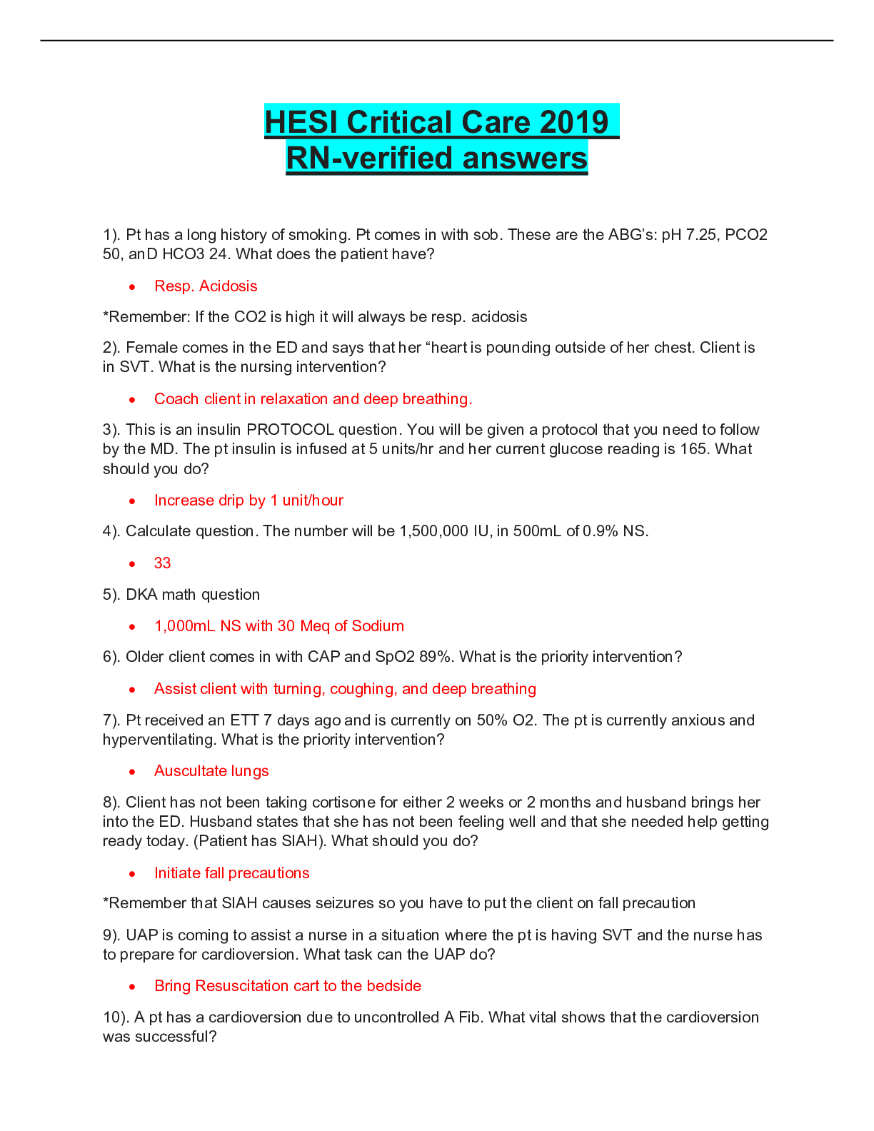 Recommended document preview for HESI Critical Care 2019  RN-verified answers.pdf